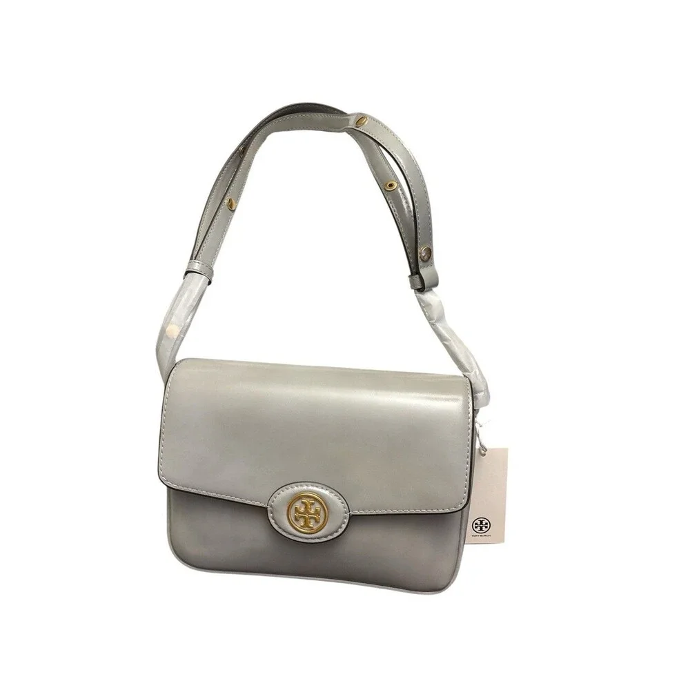 Tory Burch Women’s Robinson Spazzolato Leather Shoulder Bag Light Granite New